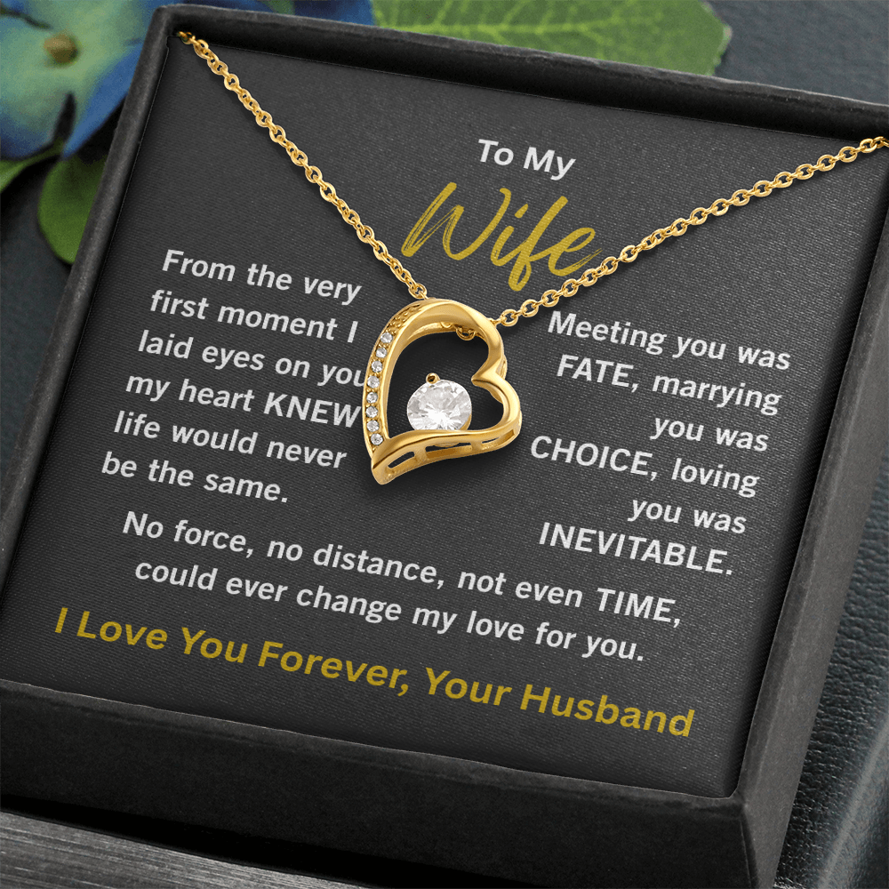 Yellow gold forever love necklace in soft touch box