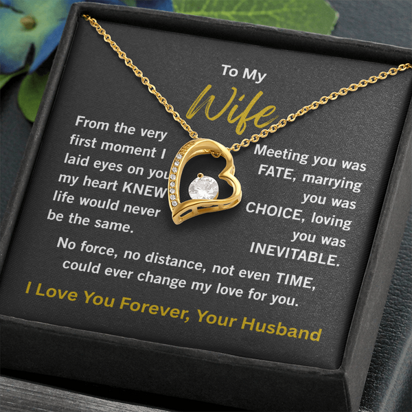 Yellow gold forever love necklace in soft touch box