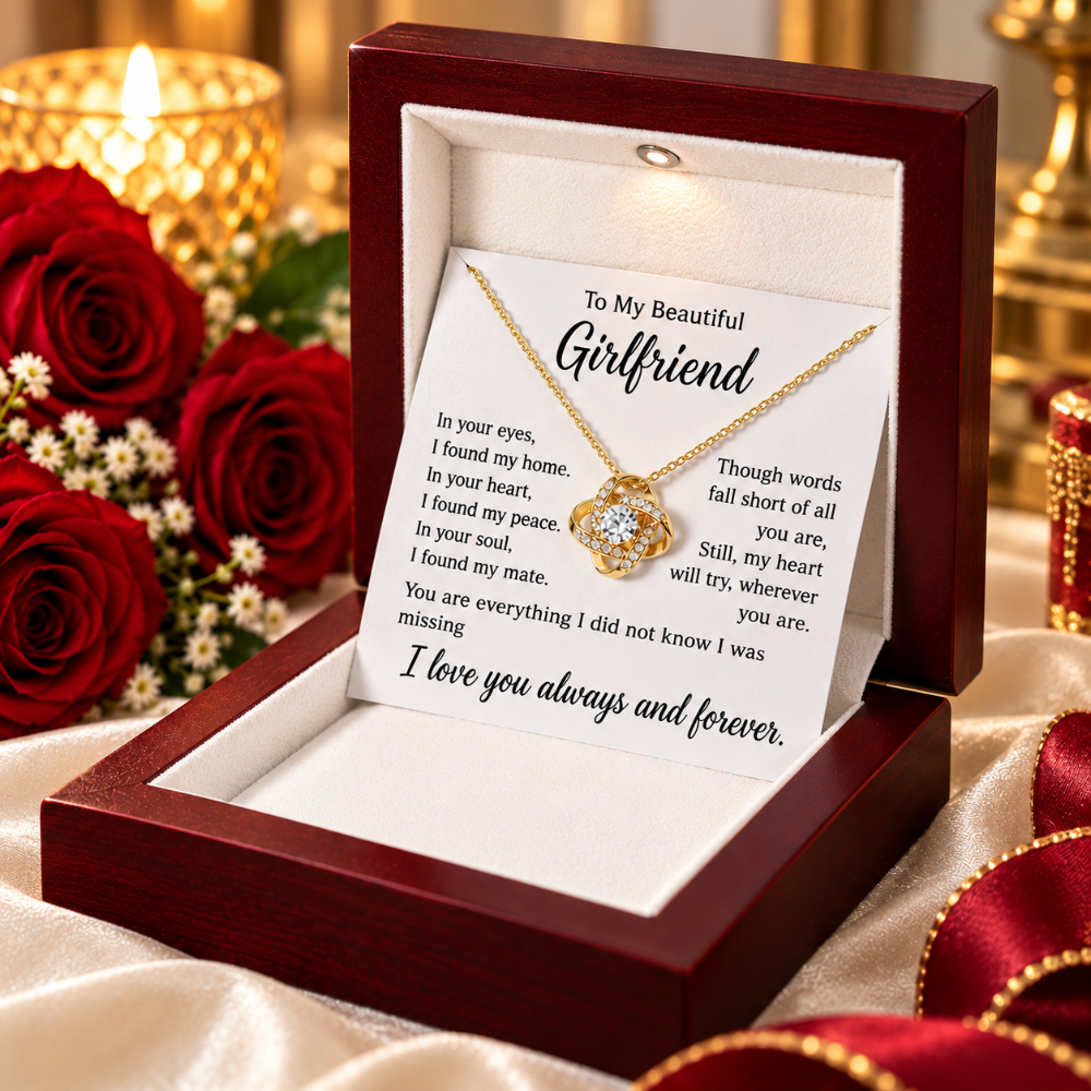 A gold necklace with a heart-shaped crystal pendant is presented in an open dark wood box. The necklace is displayed on a white card addressed 'To My Beautiful Girlfriend' with romantic printed words.