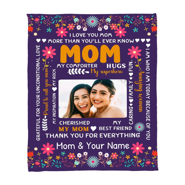 Personalized blanket with floral border and text for a mother, featuring a photo of two women.