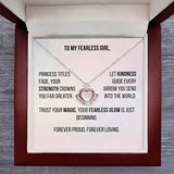 Necklace with heart pendant in a gift box with a message card.