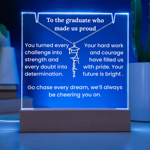 Decorative plaque with motivational message and necklace graphic on a blue background