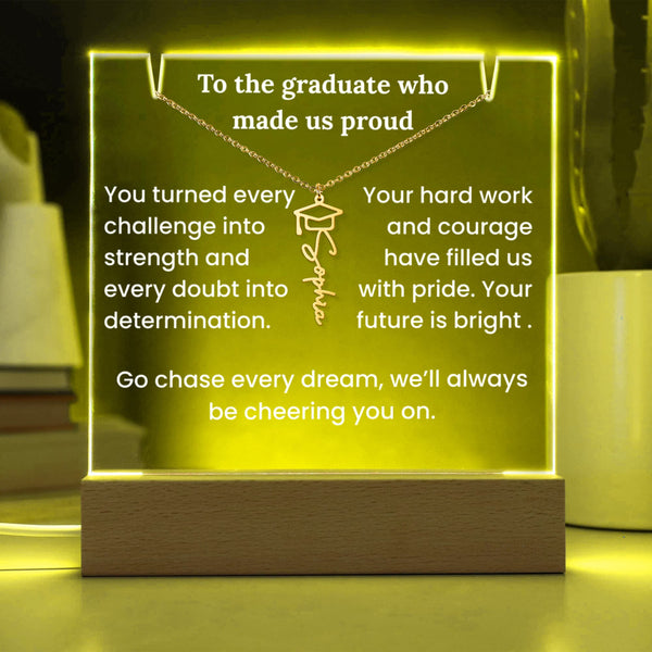 Decorative plaque with graduation-themed message and light-up design.