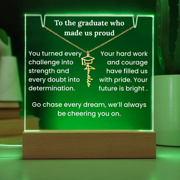 LED plaque with a necklace graphic and motivational text on a green background