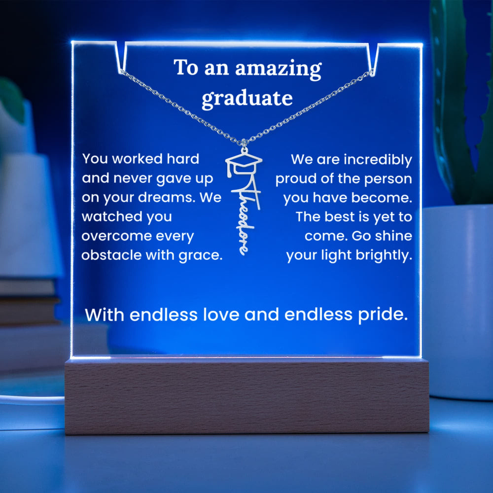 Neon sign with motivational message for a graduate on a blue background