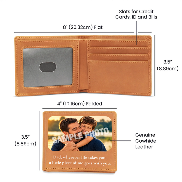 A tan cowhide leather bifold wallet shown in both flat and folded dimensions with measurement labels and text noting credit card, ID, and bills slots, plus a sample photo area on the front.