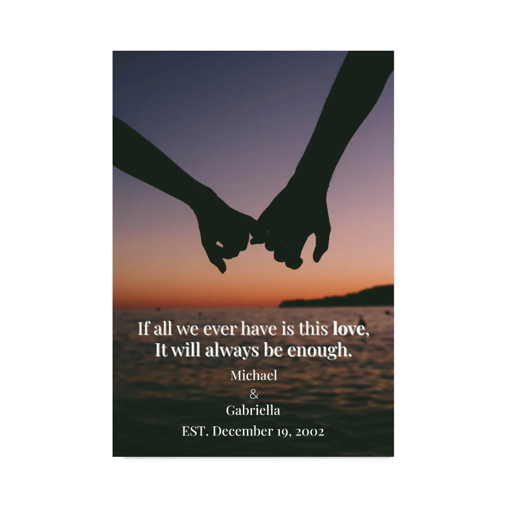 Silhouette of two hands holding together with a sunset background and romantic quote.