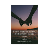 Silhouette of two hands holding together with a sunset background and romantic quote.