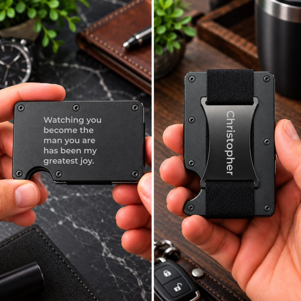 Personalized black metal wallet for son showing a heartfelt engraved message on the front and his custom name on the back cash plate.
