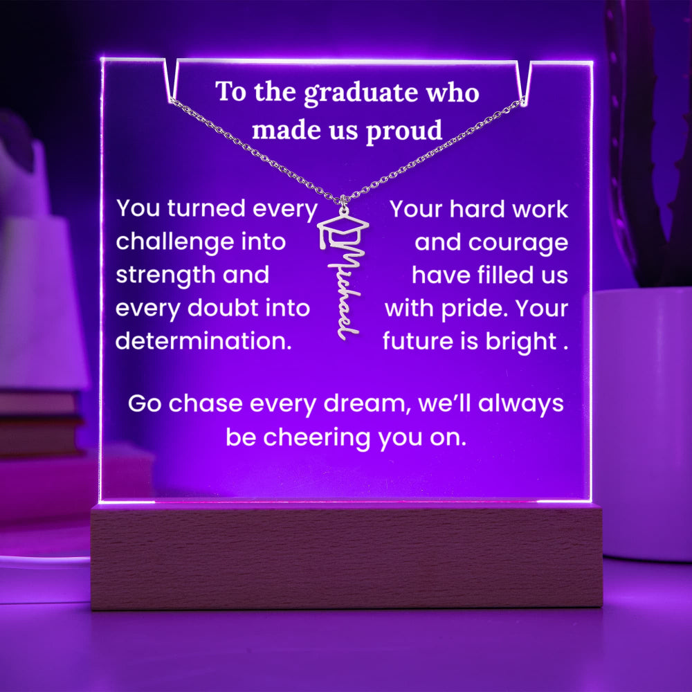 Acrylic plaque with message to a graduate, glowing purple