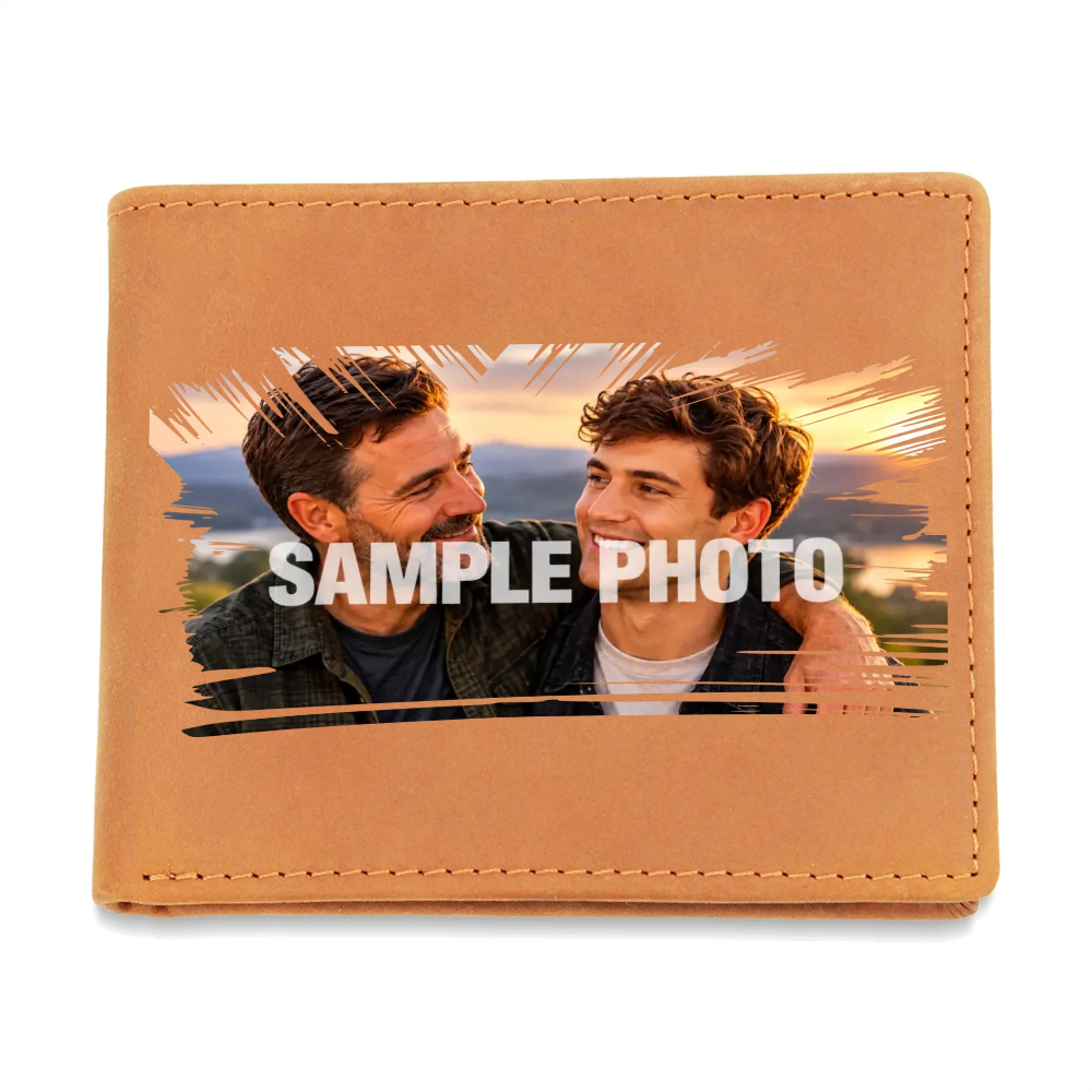 A tan leather bifold wallet shown flat against a white background, featuring a sample photo print area with a 'SAMPLE PHOTO' watermark overlay.