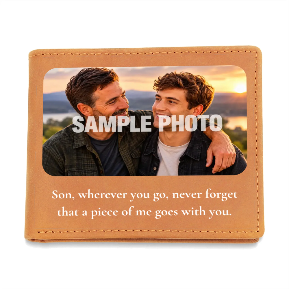 A tan leather wallet or photo plaque shown closed on a white background. The front has a large printed photo area with a sample photo of two men and the words “SAMPLE PHOTO” across the center, plus a printed message below: “Son, wherever you go, never forget that a piece of me goes with you.