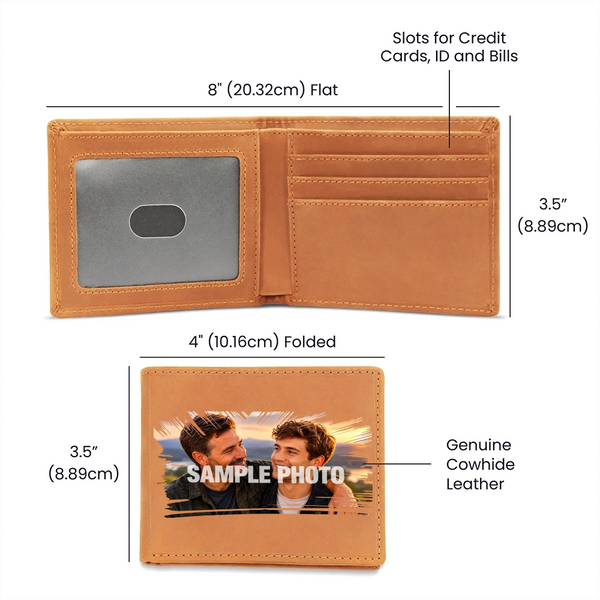 A tan cowhide leather bifold wallet shown in both flat and folded dimensions with measurement labels and notes about card slots and sample photo area.
