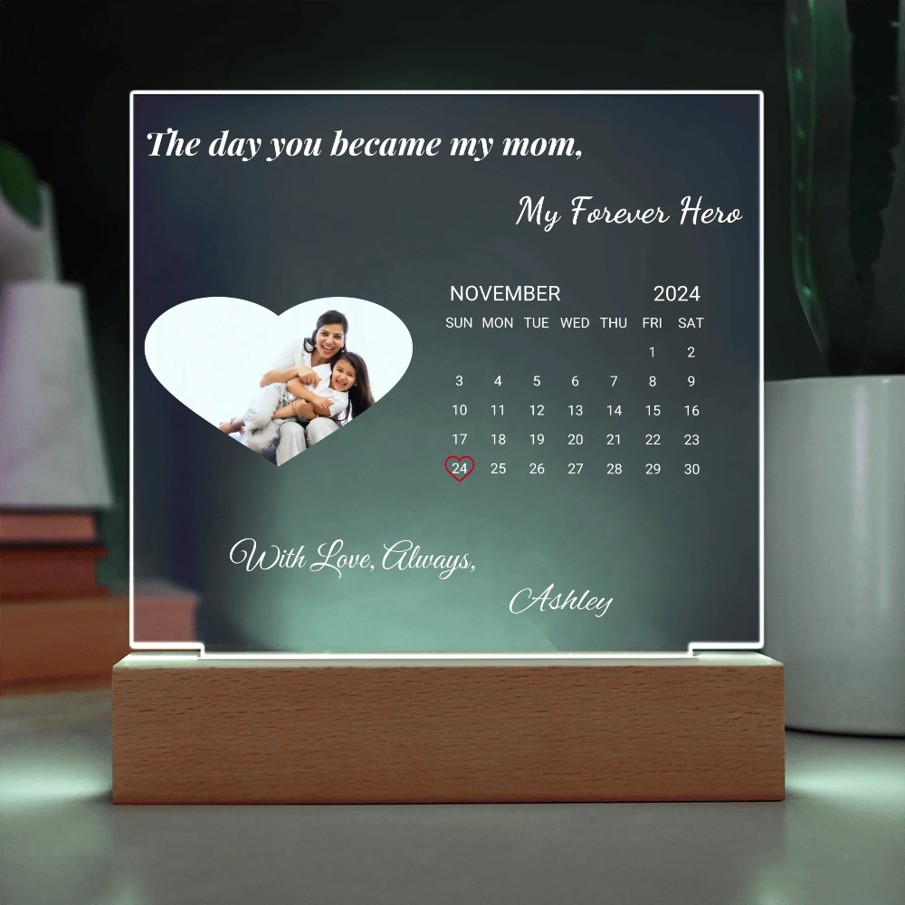 Personalized calendar with a photo of a couple and text on a dark background