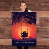 Person holding a personalized poster with a sunset design and placeholder text.