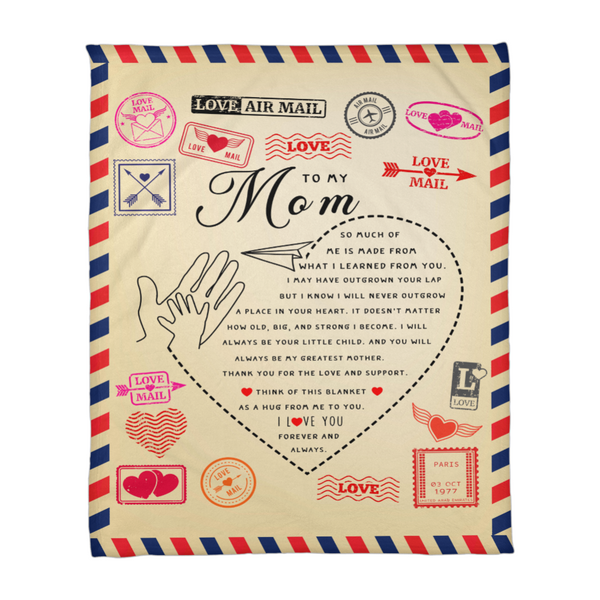 Blanket with 'Love to My Mom' text and design on a beige background with postal-themed graphics.