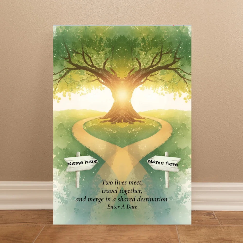 Decorative wall art with a heart-shaped path and tree, featuring placeholders for names and text.