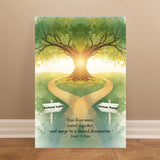 Decorative wall art with a heart-shaped path and tree, featuring placeholders for names and text.