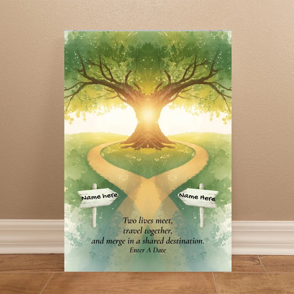 Decorative wall art with a heart-shaped path and tree, featuring placeholders for names and text.