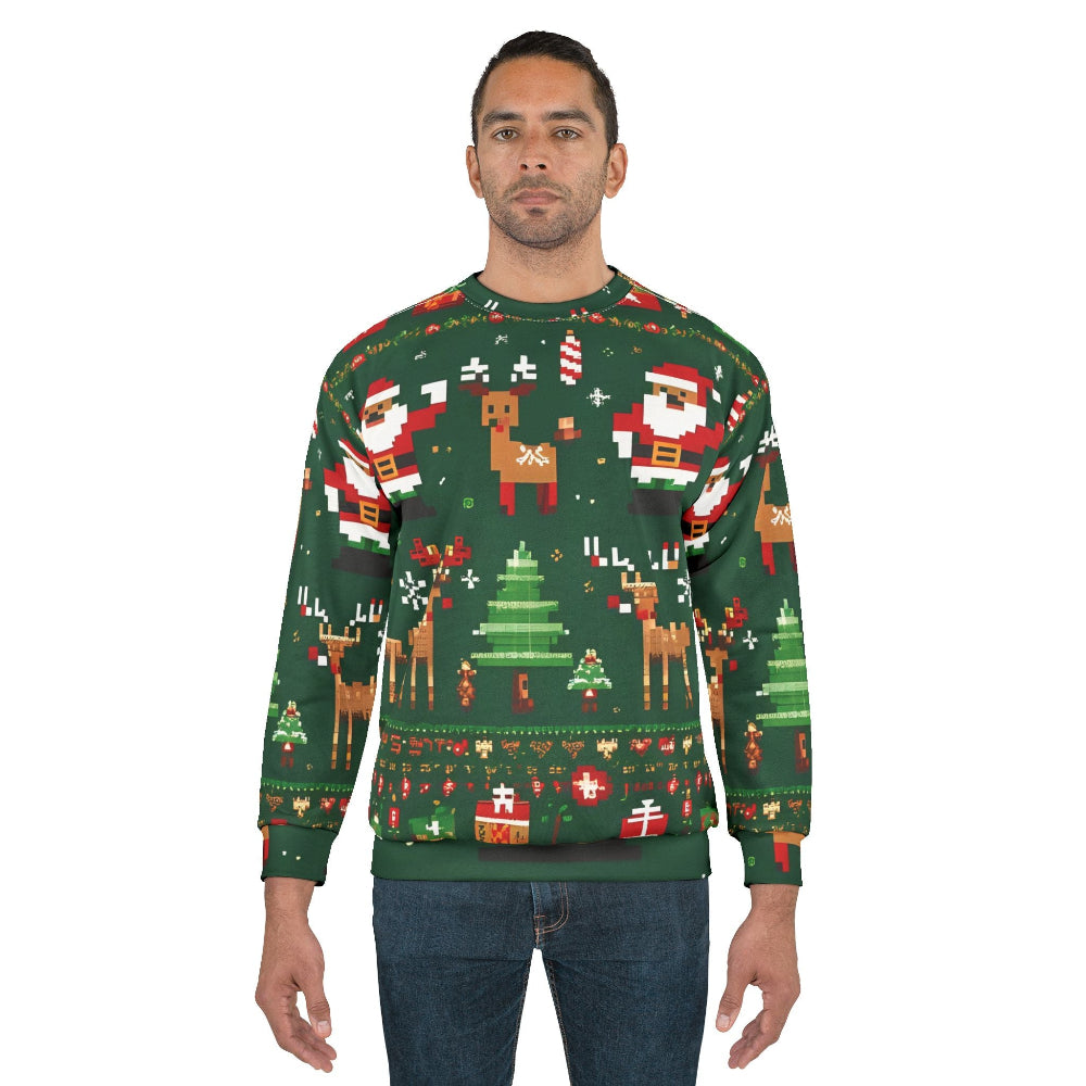Man wearing a festive green Christmas sweater with various holiday-themed designs on a white background.