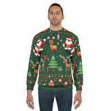 Man wearing a festive green Christmas sweater with various holiday-themed designs on a white background.