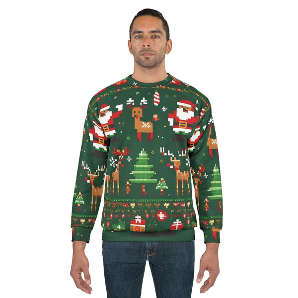 Man wearing a festive green Christmas sweater with various holiday-themed designs on a white background.