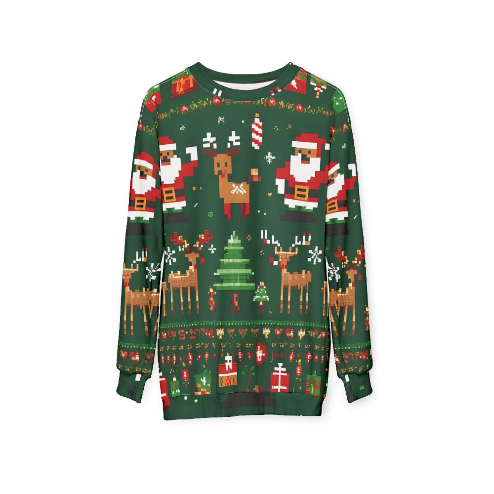 Christmas-themed sweater with Santa Claus, reindeer, and trees on a green background