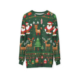 Christmas-themed sweater with Santa Claus, reindeer, and trees on a green background