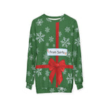 Green Christmas sweater with red bow and 'From Santa' label on a white background