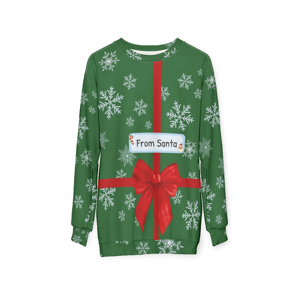 Green Christmas sweater with red bow and 'From Santa' label on a white background