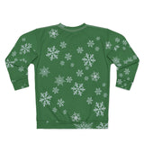 Green sweatshirt with white snowflake pattern on a white background