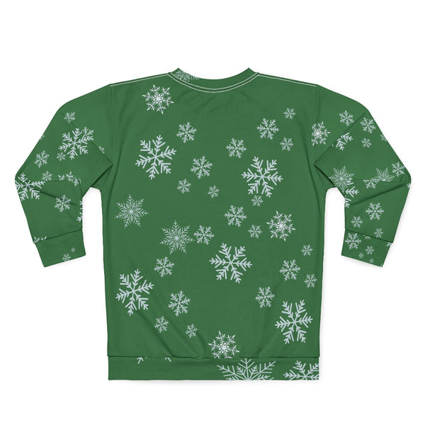 Green sweatshirt with white snowflake pattern on a white background