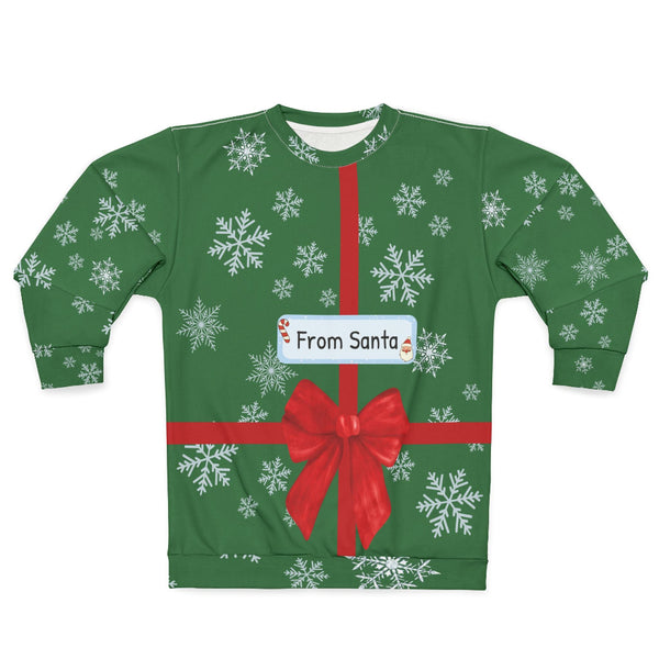 Green Christmas-themed sweatshirt with red bow and 'From Santa' label on a white background