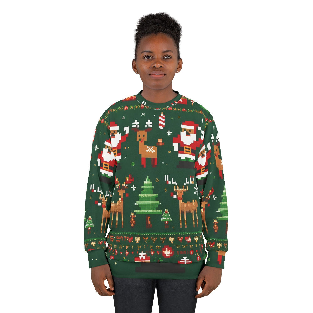 Person wearing a festive green Christmas sweater with Santa Claus and reindeer design.