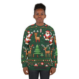 Person wearing a festive green Christmas sweater with Santa Claus and reindeer design.