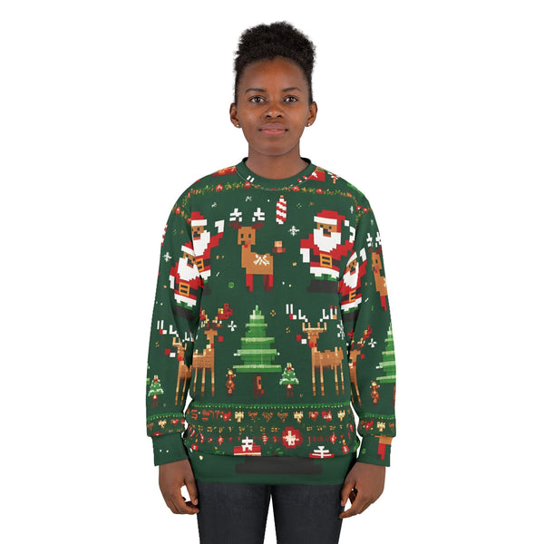 Person wearing a festive green Christmas sweater with Santa Claus and reindeer design.