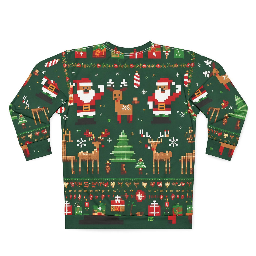 Christmas-themed sweater with Santa Claus, reindeer, and presents on a green background