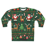 Christmas-themed sweater with Santa Claus, reindeer, and trees on a green background