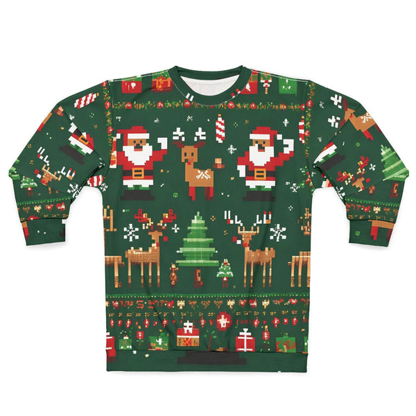 Christmas-themed sweater with Santa Claus, reindeer, and trees on a green background