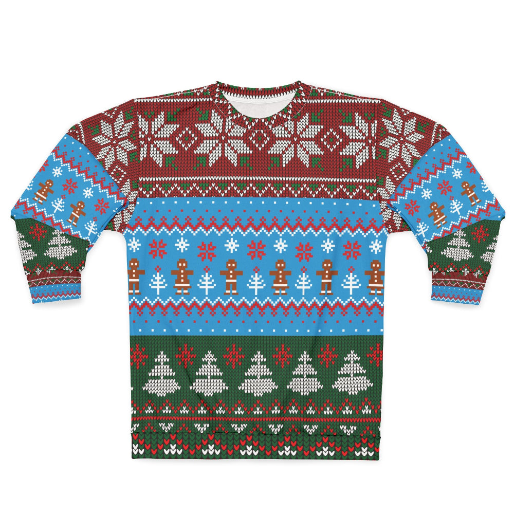 Christmas-themed sweater with colorful patterns on a white background