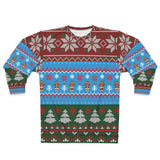 Christmas-themed sweater with colorful patterns on a white background