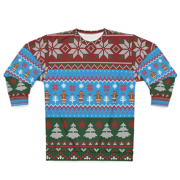 Christmas-themed sweater with colorful patterns on a white background