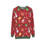 Red Christmas-themed sweater with various festive designs on a white background