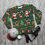 Christmas-themed sweater with Santa Claus, reindeer, and presents on a wooden surface.