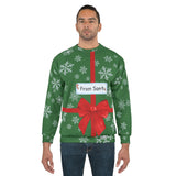 Man wearing a green Christmas sweater with a red bow and 'From Santa' label on a white background