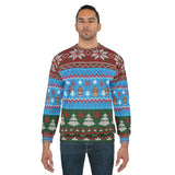 Man wearing a colorful patterned sweater on a white background