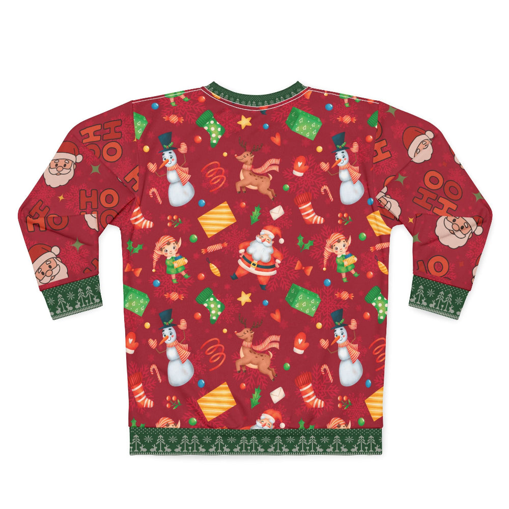 Red Christmas-themed sweater with colorful patterns on a white background