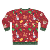 Red Christmas-themed sweater with colorful patterns on a white background