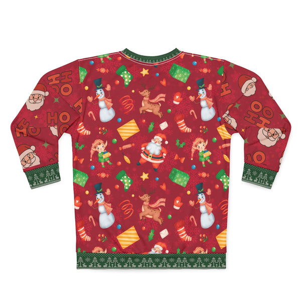 Red Christmas-themed sweater with colorful patterns on a white background