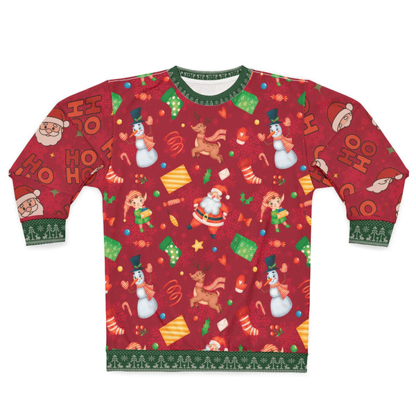 Red Christmas-themed sweater with festive patterns on a white background
